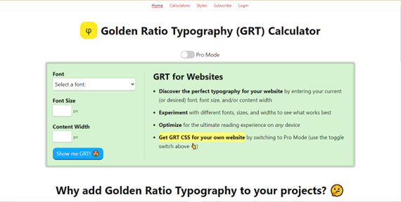 Screenshot of the Golden Ratio Typography Calculator.